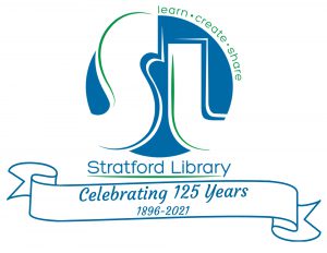 Stratford Library logo with a ribbon that reads Celebrating 125 years