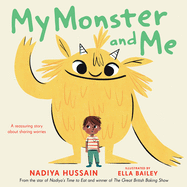 The cover of My Monster and Me. It features a drawing of a large furry yellow monster with tiny horns and a cheerful demeanor standing behind a small boy with brown skin and dark brown hair wearing blue jeans and a striped shirt. 