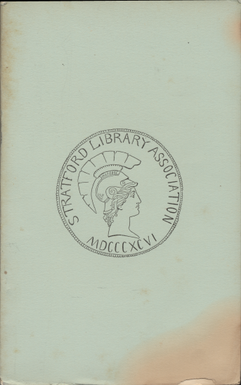 The cover of an undated booklet commemorating the dedication exercises of the Stratford Library on January 16, 1896.