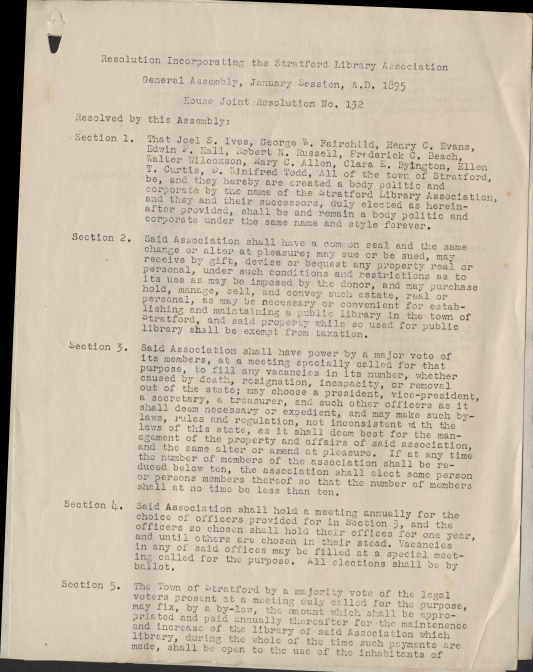 A typed copy of the library's incorporation resolution
