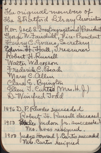 The second page of a 3.5x5 inch spiral bound notebook listing the members and officers of Stratford Library Association from 1895 to the laying of the cornerstone in the children’s library.